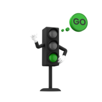 3d rendering of green traffic light and go sign with expressive hand, 3d icons set png