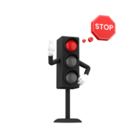 3d rendering of red traffic light and stop sign with expressive hand, 3d icons set png