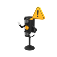 3d rendering of yellow traffic light and warning sign with expressive hand, 3d icons set png