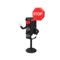 3d rendering of red traffic light and stop sign with expressive hand, 3d icons set png