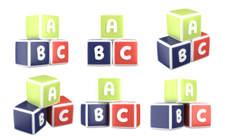 3d le rendu de école alphabet boîte, en forme pour conception les atouts de éducation et science, retour à école concept, bureau, etc. 3d Icônes ensemble avec isolé blanc Contexte png