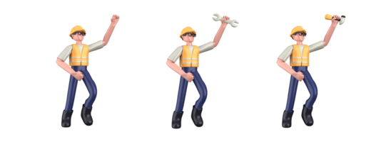 Construction worker in various poses. Labor Day. 3d illustration isolated on white background. png