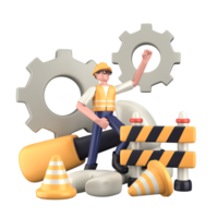 3d illustration of engineer with gear wheel and traffic cones. Labor Day. Isolated transparent background. png