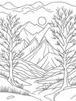 Mountains, and trees covered with snow. coloring book page on transparent background. png