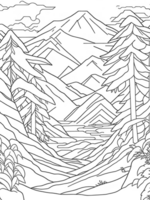 Mountains, and trees covered with snow. coloring book page on transparent background. png