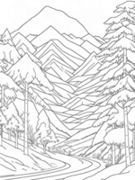 Mountains, and trees covered with snow. coloring book page on transparent background. png
