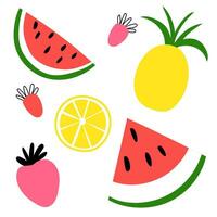 piña, fresa, sandía y bayas en diferente colores en plano estilo. mini conjunto de linda frutas y bayas aislado en un blanco antecedentes. vector