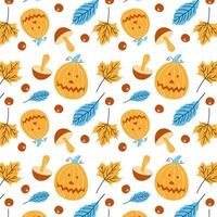 Background for textiles, decorative element for the autumn festival, Halloween party. Autumn pumpkin pattern with leaves and mushrooms, fun Halloween. vector