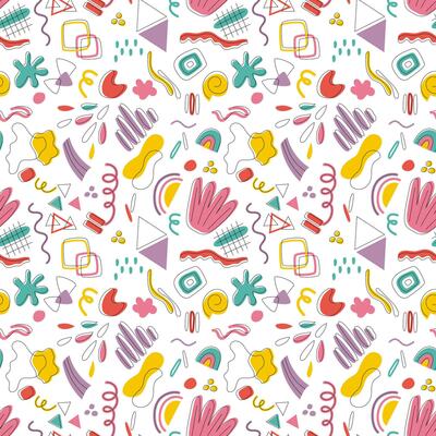 Shapes of different shapes and colors for textile designs and decor elements, abstract bright background. Seamless pattern of abstract shapes of different colors on a white background.
