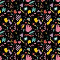 Shapes of different shapes and colors for textile designs and decor elements, abstract bright background. Seamless pattern of abstract shapes of different colors on a black background. vector