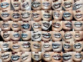 un collage de muchos diferente labios con plata pintar - ai generado - generativo ai foto