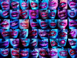 un collage de muchos diferente neón de colores labios - ai generado - generativo ai foto