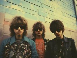 Three young men wearing sunglasses standing next to a wall - Lofi - Ai Generated - Generative Ai photo