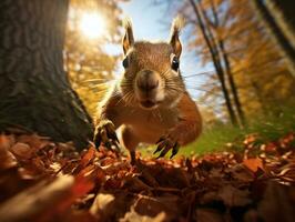 A squirrel is running through the leaves - In Motion - Ai generated - Generative Ai photo