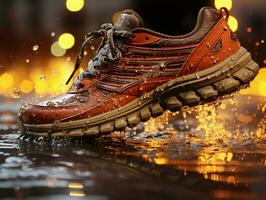 un par de corriendo Zapatos en el lluvia - en movimiento - ai generado - generativo ai foto