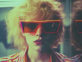 un mujer vistiendo Gafas de sol con neón colores - lofi - ai generado - generativo ai foto