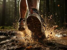 un persona corriendo mediante barro en el bosque - en movimiento - ai generado - generativo ai foto