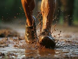 A man's legs are covered in mud as he runs through the mud - In Motion - Ai generated - Generative Ai photo