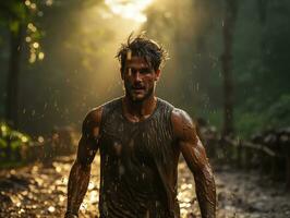 un hombre es corriendo mediante un lodoso bosque - en movimiento - ai generado - generativo ai foto