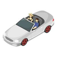 single of couple going on road trip with white silver cabriolet car with many luggage bag, travel with lover in holidays summer trip, isometric view of cabriolet car flat color illustration vector. vector