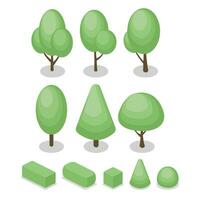 set of isometric trees and bushes in difference shape with shadow. for landscape garden decoration. flat color illustration vector isolated on white background.