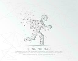 Running man abstract mash line and composition digitally drawn in the form of broken a part triangle shape and scattered dots. vector