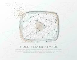 Play icon shape point, line and composition digitally drawn in the form of broken a part triangle shape and scattered dots low poly wire frame. vector