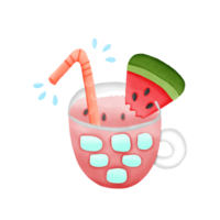 Watermelon juice with orange straws and sliced watermelon on glass isolated on transparent background png