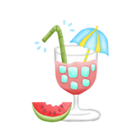 Watermelon juice with a blue umbrella with yellow stripes and green drinking straw isolated on transparent background png