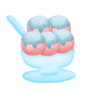 Ice cream scoops with blue chocolate topped with colorful icing sugar in glass bowl isolated on transparent background png