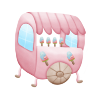 Cartoon pink cart selling ice cream and watermelon isolated on transparent background png