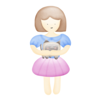 a cartoon girl  stand holding a cat isolated on transparent background png