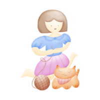 a cartoon girl playing knitting with cat isolated on transparent background png