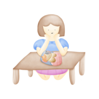 a cartoon girl sitting at a table and looking a cat sleeping on the table isolated on transparent background png