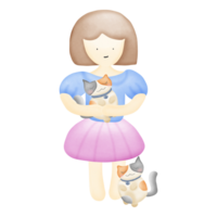 a cartoon girl  stand holding a cat isolated on transparent background png