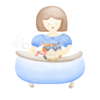 a cartoon girl sitting in a bathtub with a cat isolated on transparent background png