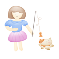 un' cartone animato ragazza giocando pesca gatto con gatto isolato su trasparente sfondo png