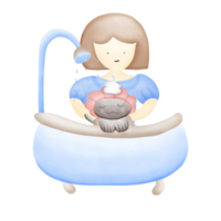 a cartoon girl taking a bath with a cat isolated on transparent background png