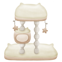 White cat tree with brown cat scratcher and cat house in it with toys isolated on transparent background png