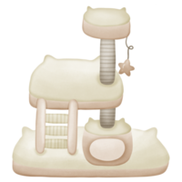 White cat tree with brown cat scratcher and cat house in it with toys isolated on transparent background png