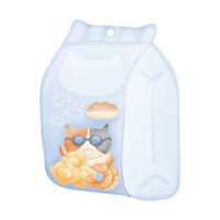 mignonne sec chat nourriture dans une bleu Plastique sac isolé sur transparent Contexte png