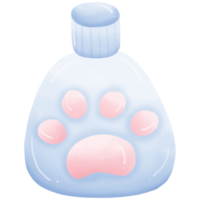 Blue cat shampoo bottle with pink paw print isolated on transparent background png