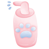 Pink cat shampoo bottle with blue paw print isolated on transparent background png