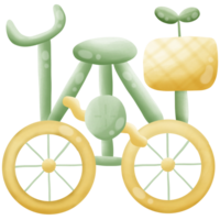 Green eco bicycle with yellow wheels with plants in basket Green bicycle with yellow wheels with plants in basket isolated on transparent background png