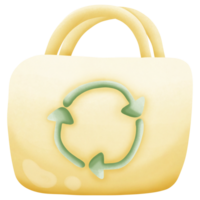 un amarillo eco bolso con un verde reciclaje símbolo en eso aislado en transparente antecedentes png