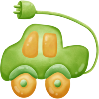 Green electric vehicles car with plug isolated on transparent background png