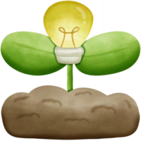 Light bulb and plants grow out of the soil isolated on transparent background png