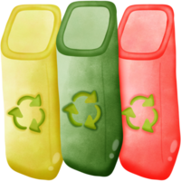 tre färgrik återvinning soptunnor med grön gul och röd med återvinna symbol isolerat på transparent bakgrund png