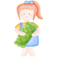 girl standing crying and holding a green pillow isolated on transparent background png