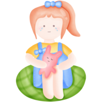 Girl holding a rabbit doll and crying on the green pillow isolated on transparent background png